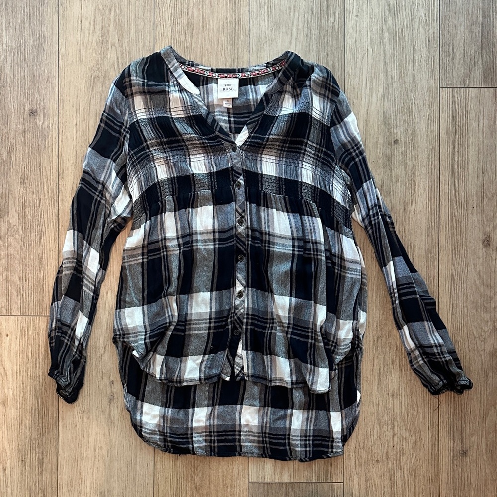 Knox Rose Navy, White Plaid Button-Down with Floral Trim